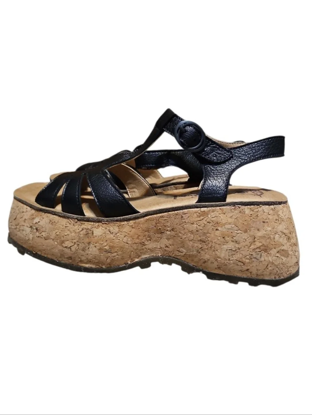Fly London Coil Platform Black Leather T-Strap Cork Sandals-NEW